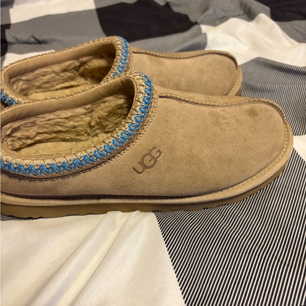 UGG Beige Suede Slippers with Blue Accent